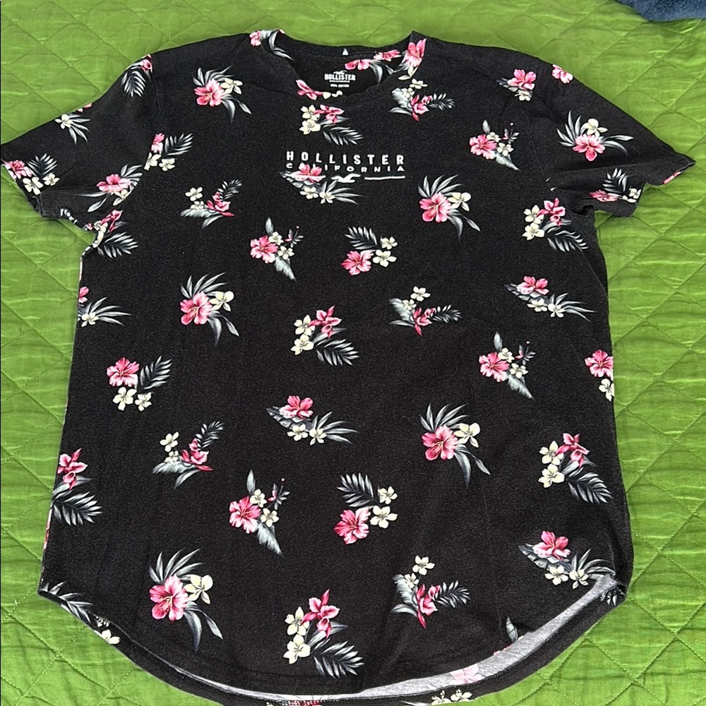 Hollister Black Tee with Pink and White Floral Design
